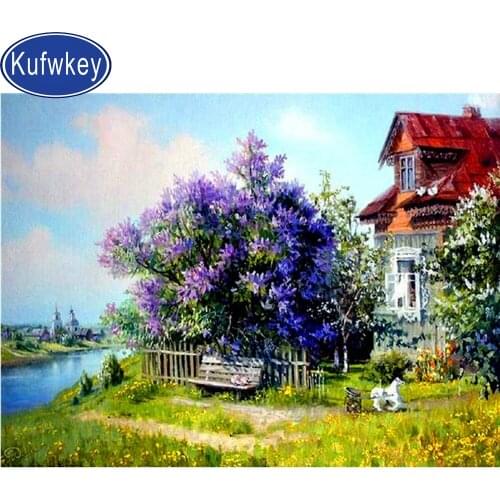 Full square round resin 5d diy Diamond Painting lake villa Diamond Rhinestones Embroidery Spring Landscape Cross Stitch kit