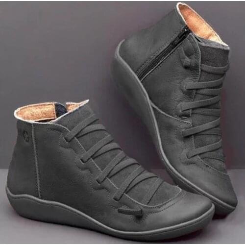Leather Ankle Boots Autumn Vintage Lace Up Women Shoes Comfortable Flat Heel Boots Zipper Short Boot &T8