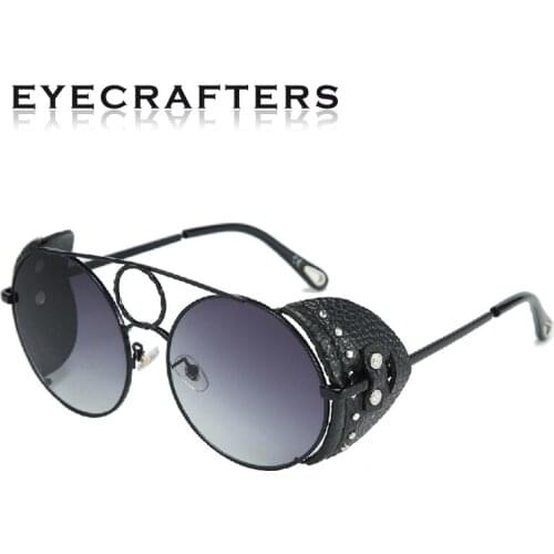 2020 New Vintage Fashion Steampunk Metal Vintage Sunglasses Women Round Leather Studded Sunglasses Men Glasses Shades