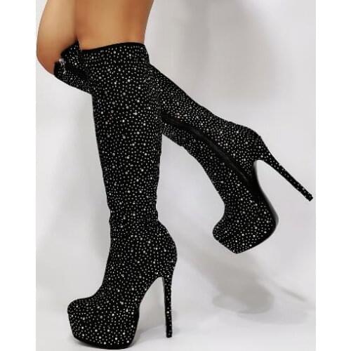 New Woman Black Rhinestone Bling Bling Long Boots Round Toe Platform Thin Heels Knee High Boots Lady 100% Real Photos