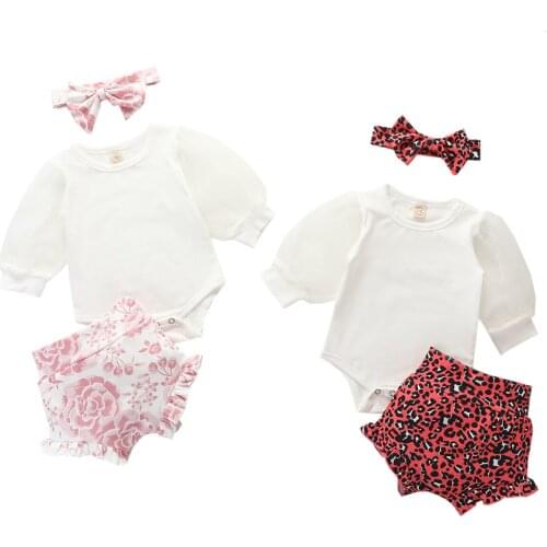 New Baby Girls 3-piece Outfit Set Newborn Mesh Bubble Sleeve Romper + Print Shorts + Headband Set