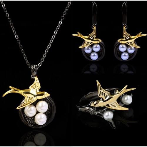 CIZEVA Original Creative 925 Sterling Silver Necklace Earrings Ring Baroque Pearl Swallow Black Gold Elegant Wedding Jewelry Set