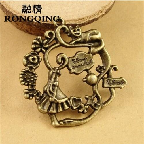 RONGQING 30pcs/lot 38*38MM Hollow Round Cat Charms Handmade Jewelry Accessories Retro Charms