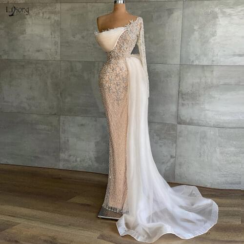 Luxury Mermaid Lace Beaded Evening Dresses 2021 One Shoulder Bling Bling Crystal Long Evening Gowns Dubai Wedding Party Dress