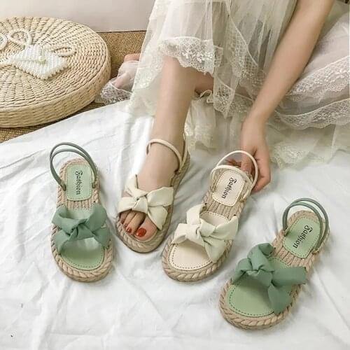 Ladies Sweet Bowknot Sandals Women Summer Casual Beach Candy Color Flat Shoes 2021 Cute Leather Non-slip Green White Slippers