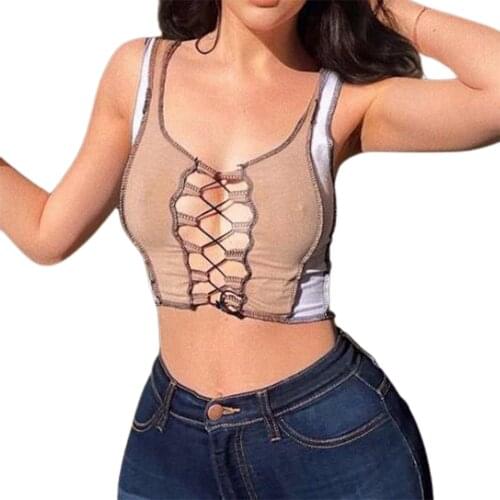 Sexy Female Camisole Girls U-Neck Hollow Out Short Vest Sleeveless Crop Tanks Tops for Summer Khaki S/M/L/XL