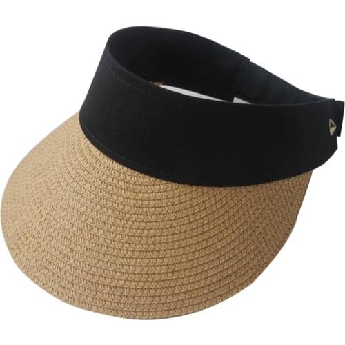 2021 Trendy Summer Hats Women Handmade Woven Raffia Straw Sun Visor Hat Empty Top Wide Brim UV Protection Adjustable Beach Cap