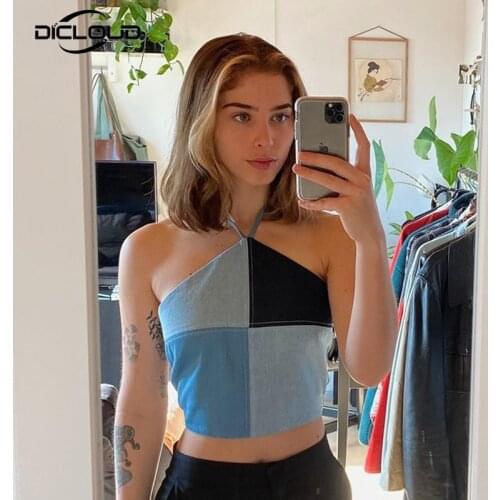 Chic Street Hot Y2k Girls Denim Tube Top Women Gothic Punk Patchwork Halter Tops Tees Sexy Backless Lace Up Party Cami Top Femme