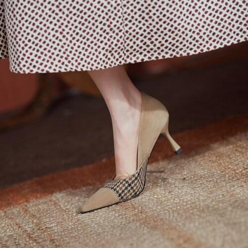Women Shoes natural leather pumps 22-24.5cm Sheep suede+Houndstooth stitching Pigskin lining sheepskin insoles women heels