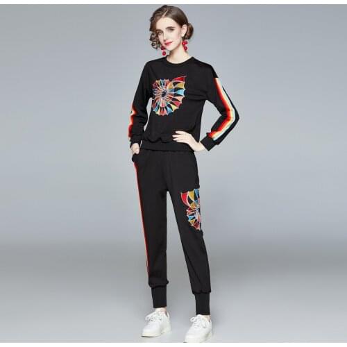 Embroidery 2 pieces Set Tracksuits Women 2021 Autumn Spring Rainbow Striped O-neck Loose Top+Ankle-Length Pants Casual Suit