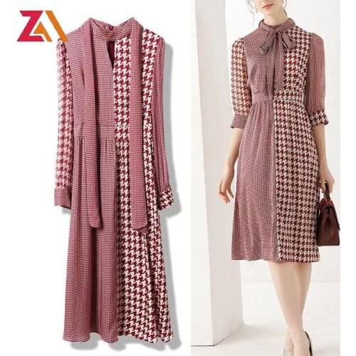 ZAlady Summer Women Midi Dress Elegant 3/4 Sleeve Houndstooth Plaid Bow Vintage Office Work Dresses Plus Size Femme Robe 2XL