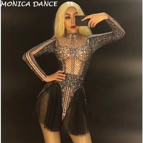 Women Sexy Stage Black Net Bodysuit Short Yarn Skirt Sparkling Crystal Nightclub Party Stage Wear Dancer Singer Bling Costumes