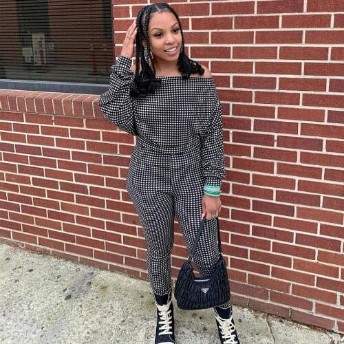 Plaid Print Two Piece Set Tracksuit for Women Slash Neck Long Sleeve Tops and Pencil Sweatpant Matching Outfit Vintage Outfits