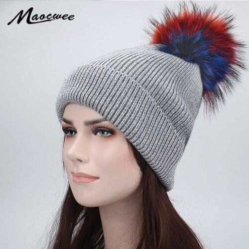 Winter Womens Beanies Hat Casual Warm Knitted Gold Silver Wire Beanies With Real Colorful Fur Pom Pom Ladies Raccoon Pompons