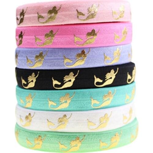 Gold foil mermaid Print Fold Over Elastic FOE for Ponytail Holder Bracelet hair accessories 5/8" 16mm 10 yards/lot