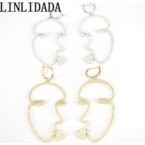 4Pair Cubic Zirconia Abstract Hollow Out Face Dangle Earring Unique Design Girls Statement Long Drop Earrings