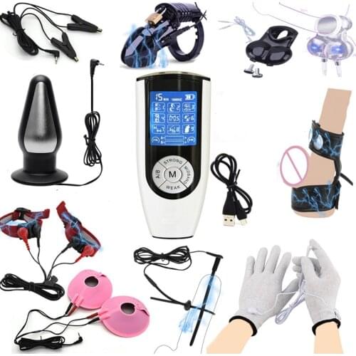 Electric Shock Accessories Cock Cage Scrotum Sleeve Anal Plug Electro Stimulator Gloves Penis Plug Nipple Clamps BDSM Sex Toys
