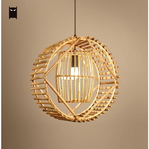 Handmade Bamboo Ring Hollow Pendant Light Fixture Antique Vintage Retro Style Hanging Ceiling Lamp Plafon Pavilion Restaurant
