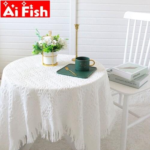 White 3D Geometric Pattern Lace with Tassels Tablecloth Nordic Photo French Retro Knitted Banquet Dessert Table Decoration #4