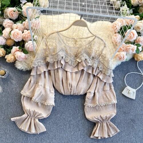 Womens Spring Autumn Runway Fashion Sexy Mesh Patchwork Lace Blouse Female High Waist Puff Sleeve Shirt Top TB1859