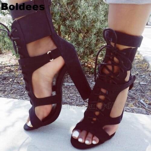 Fashion Designer Cross-tied Lace Up Buckle Straps High Heel Sandals Women Summer Solid Color Block High Heels Chaussure Femme