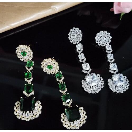 Retro Emerald Square Zircon Long Pendant Earrings Are Suitable For Womens Luxury Shiny Wedding Party Jewelry Gifts