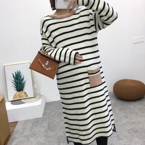 Maternity Long Sleeve Sweater stripe Dresses Expectant Mother Round Neck Dress Pregnant Women Loose Cute Dress Pregnancy Clothes