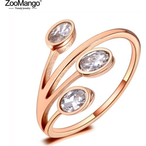 ZooMango Fashion Titanium Stainless Steel Leaves Ring Rose Gold CZ Crystal Bohemia Party Rings Jewelry For Women Girls ZR20001