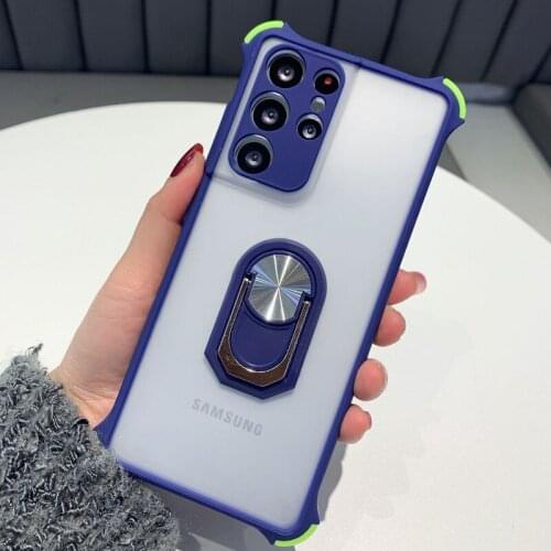 Matte Translucent Phone Case For Samsung Galaxy A32 A52 A72 S21 Ultra S20 FE Bracket Ring Holder Hard Armor Corner Back Cover