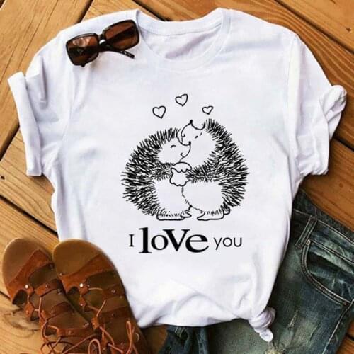 Cute T-shirt Female Hedgehog I Love You Print Tshirt Summer Casual Short Sleeves Tee Tops Kawaii Women Tshirt Streetwear