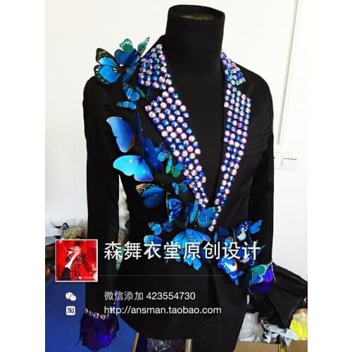 Mens Clothing New Bar Suit Nightclub Singer Blazer Male Artificial Butterfly Handmade Luxury Props Gem Slim Suit Stage Costumes