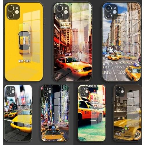 Glass Soft Silicone Balck Case Shell for iPhone 12 11 Pro X XS Max XR 8 7 6 Plus SE 2020 S Cover New York City Times Square Taxi