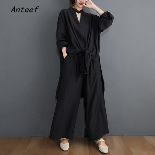 Autumn casual 2 two piece set long sleeve oversized tshirt loose tee t shirt top women 2021 t-shirts clothes wide leg pants