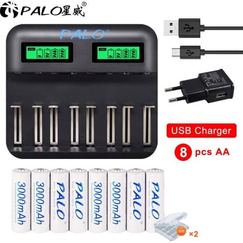 PALO LCD Display AA AAA C D 1.2V Battery Charger Smart Quick Charger with 1.2V Ni-MH NI-CD C D Size AA AAA Rechargeable Battery