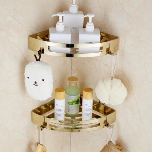 Bathroom Shelf with Two Hooks Stainless Steel Bathroom Corner Shelf Gold/Chrome Bathroom Accessory Storage Organizer Rack Holder