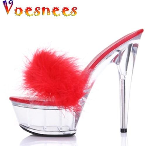 Voesnees Summer Shoes Woman Platform Sandals Transparent Crystal Ultra High Heels 15cm Platform Fur Sandals Appeal Slippers