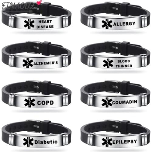 FIMAODZ Medical Alert ID Silicone Bracelet DIABETIC EPILEPSY ALLERGY COPD SOS Sign Stainless Bracelets Men Adjustable Wristband