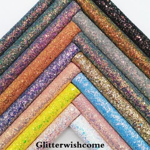 Glitterwishcome 21X29CM A4 Size Synthetic Leather, Iridescent Ultra Mixed Chunky Glitter Leather fabric Vinyl for Bows, GM3142B