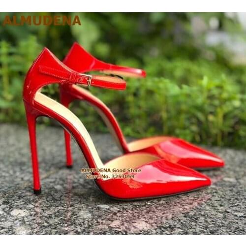ALMUDENA Hot Red Patent Leather Dress Shoes Thin High Heels V-cut Pointed Toe Wedding Pumps Buckle Strap Gladiator Heels Size47