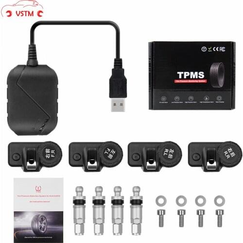 USB Android TPMS Car Tire Pressure Monitor with 4 External Sensors 116 psi Monitoring Alarm System 5V Wireless Transmission TPMS