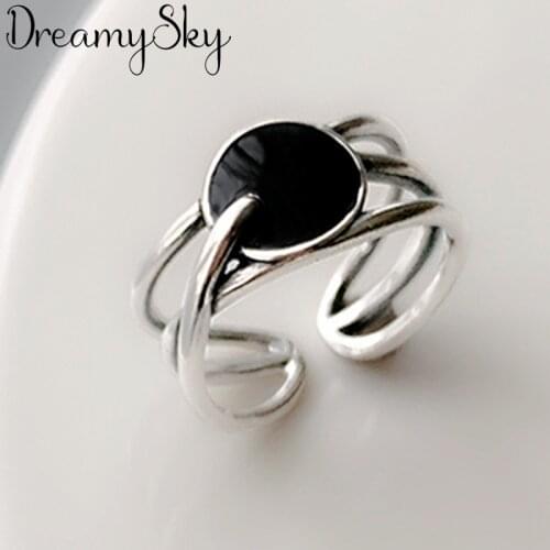 Vintage Real Pure Silver Color Black Round Rings for Women Wedding Big Open Finger Ring Anillos Anelli