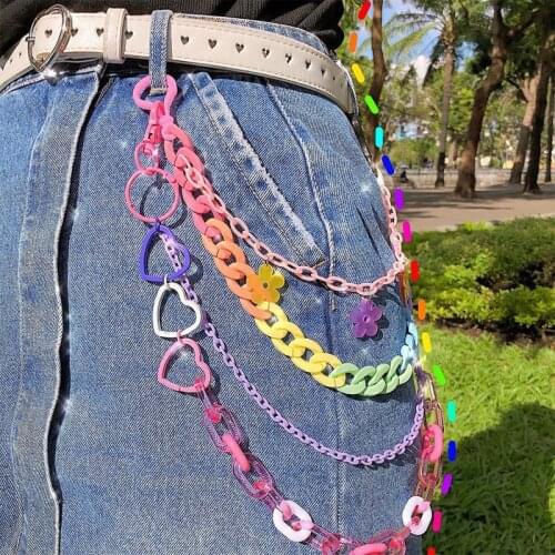 Vintage Colorful Heart Flower Key Chain For Women Girl Punk Cool Transparent Waist Pants Keychain Trendy Accessories Jewelry New