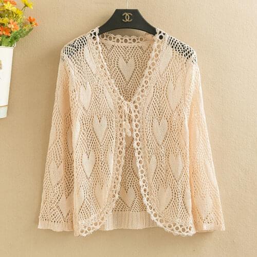 Womens outer jacket summer short style fashion all-match hollow lace casual western style thin long-sleeved v-neck cardigan
