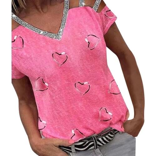Summer Womens Tops And Blouses Womens Love Print Strapless V-neck Short Sleeve Blouse Casual Tops Blusas Mujer De Moda 2021