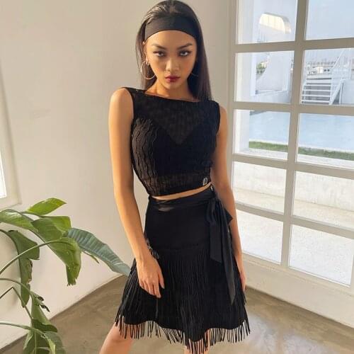 Women Latin Dance Dress Sleeveless Black Tops Tassel Skirts Sexy Latin Dance Practice Clothes Rumba Chacha Latin Dance Clothing