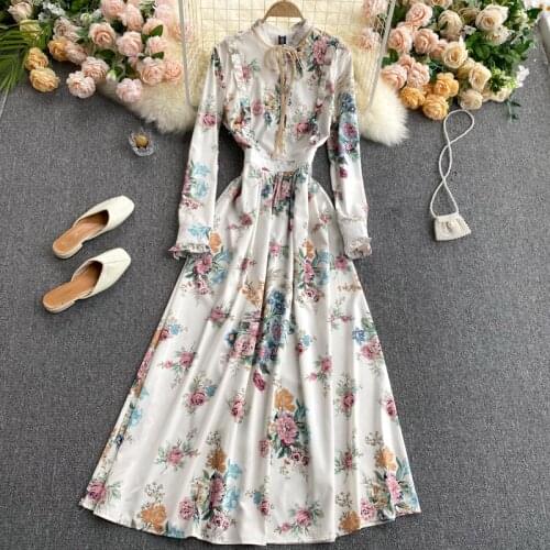 SINGREINY French Print Maxi Dress Women Chic Retro Long Sleeve O Neck A-line Dresses Autumn Bohemian Casual Vacation Long Dress