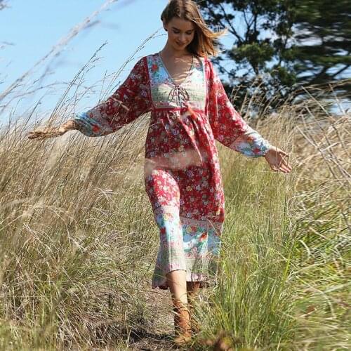 TEELYNN boho tunic dress red rayon floral print dresses tassel lantern long Sleeve v-neck autumn women dresses Gypsy Vestido