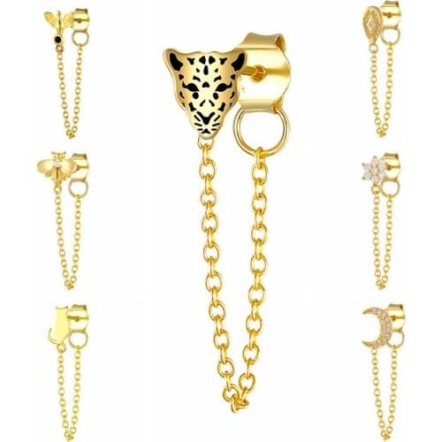 1pcs 100% 925 Sterling Silver Earring Chain Bee Snow leopard Moon Star Stud Earrings for Women Crystal Zircon Chain Jewelry A30