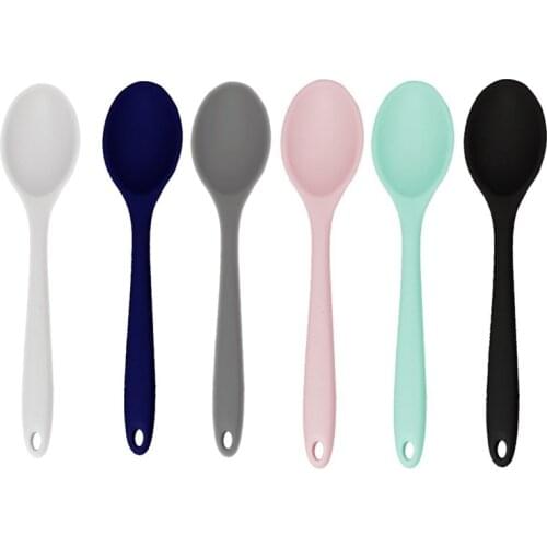 6 Color Food Grade Silicone Long-handled Soup Spoon Solid Color Kids Spoon Kitchen Silicone Spoon Flatware Utensils Accessories