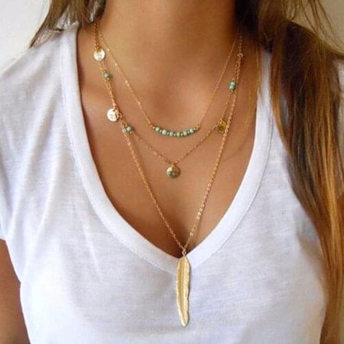 ALIUTOM 2020 New Fashion Feather Necklace Leaf Layer 3 Necklace Multilayer Necklace Women